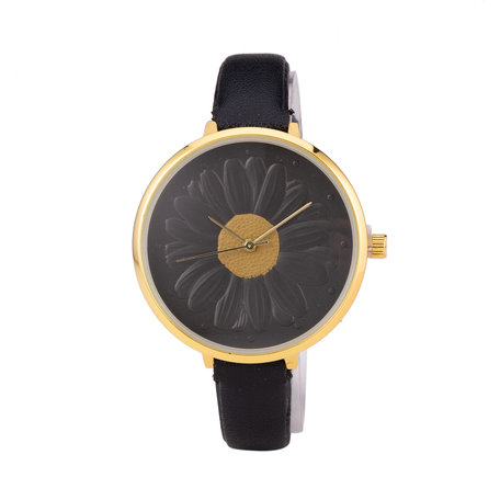 Leren Dames Horloge - Dunne 1 cm Band - Zwart & Goud - Bloemen