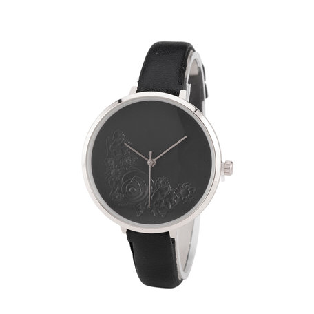 Leren Dames Horloge - Dunne 1 cm Band - Zwart & Zilver - Bloemen