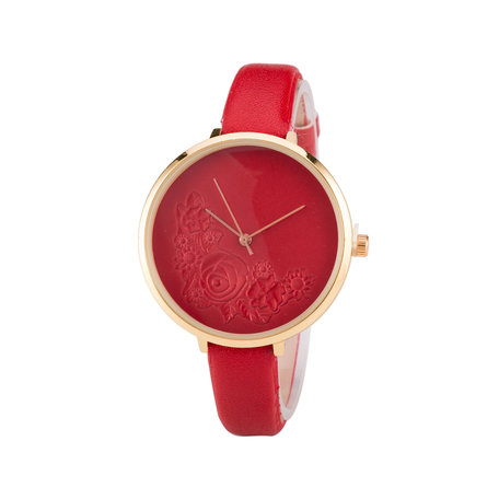 Leren Dames Horloge - Dunne 1 cm Band - Rood & Goud - Bloemen