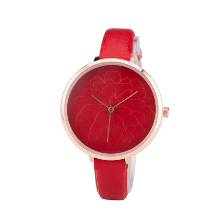 Leren Dames Horloge - Dunne 1 cm Band - Rood & Rosé - Bloemen