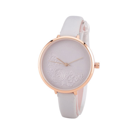 Leren Dames Horloge - Dunne 1 cm Band - Grijs - Bloemen - Rosé